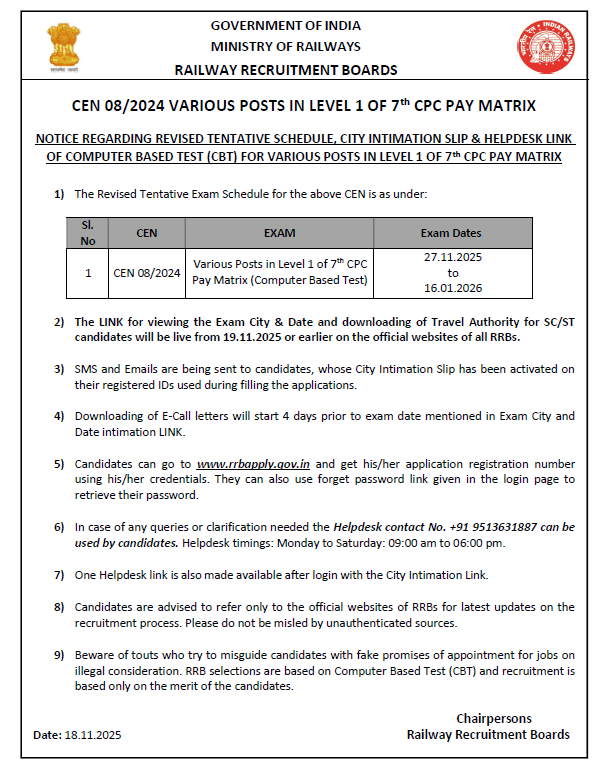 RRB Group D Admit Card 2025
